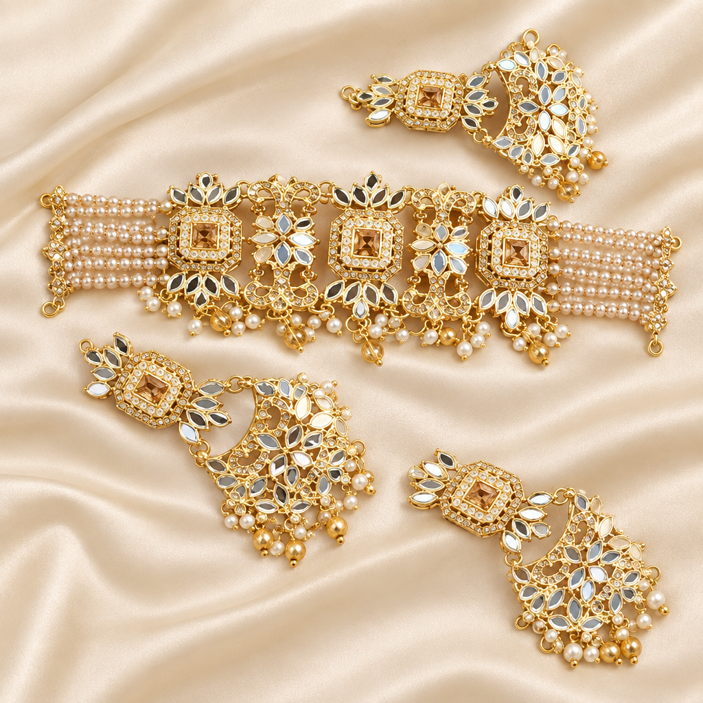 Exact-design gold jewelry set on ivory silk