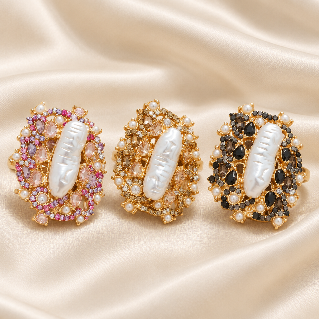 Exact-design mother-of-pearl rings on ivory silk
