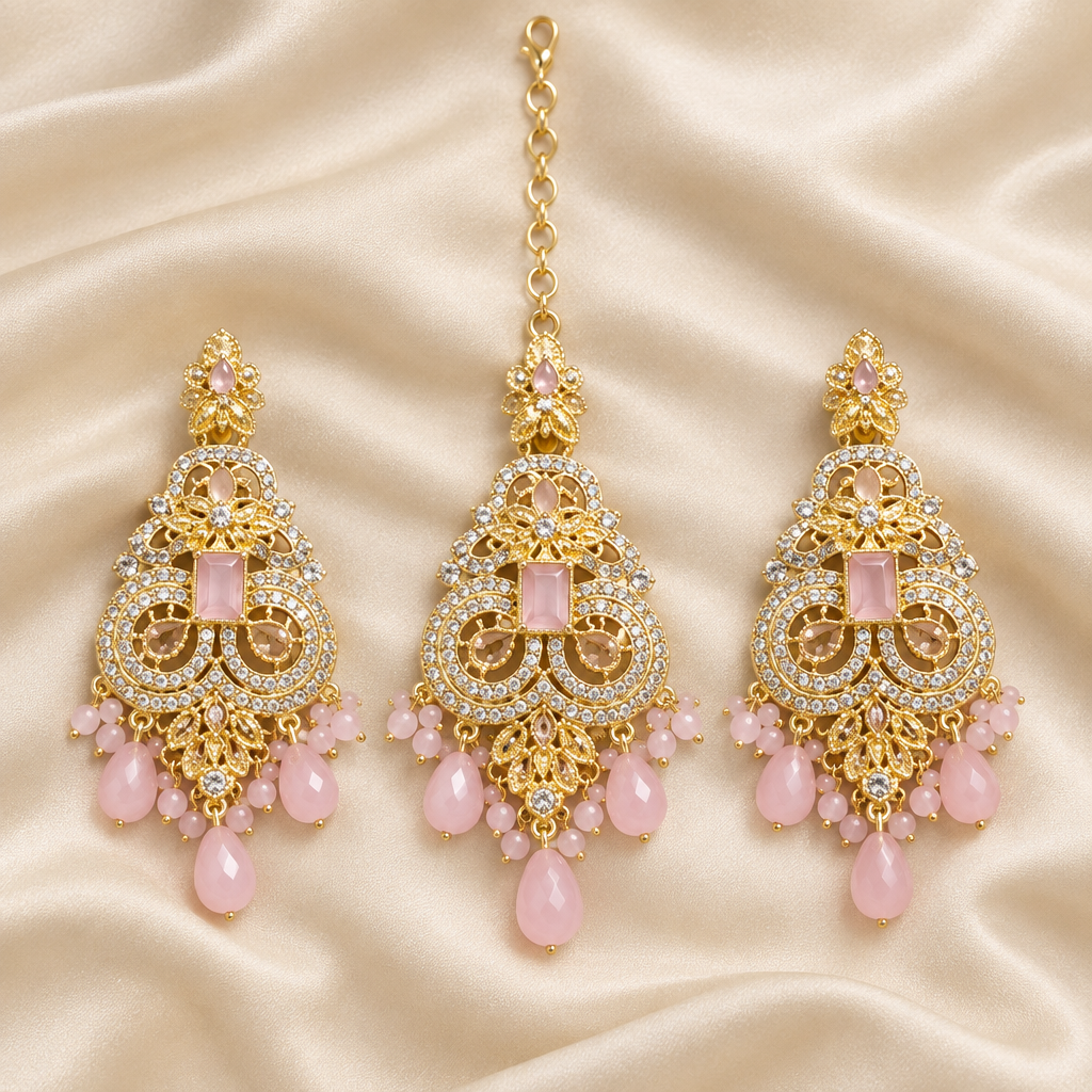 Exact-design pink earring and teeka set on ivory silk