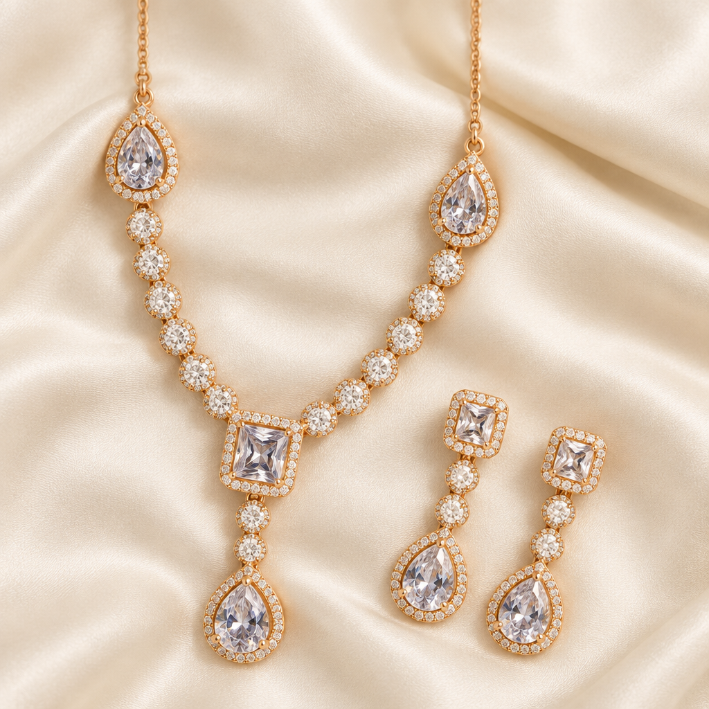 Exact-design rose-gold jewelry set on ivory silk