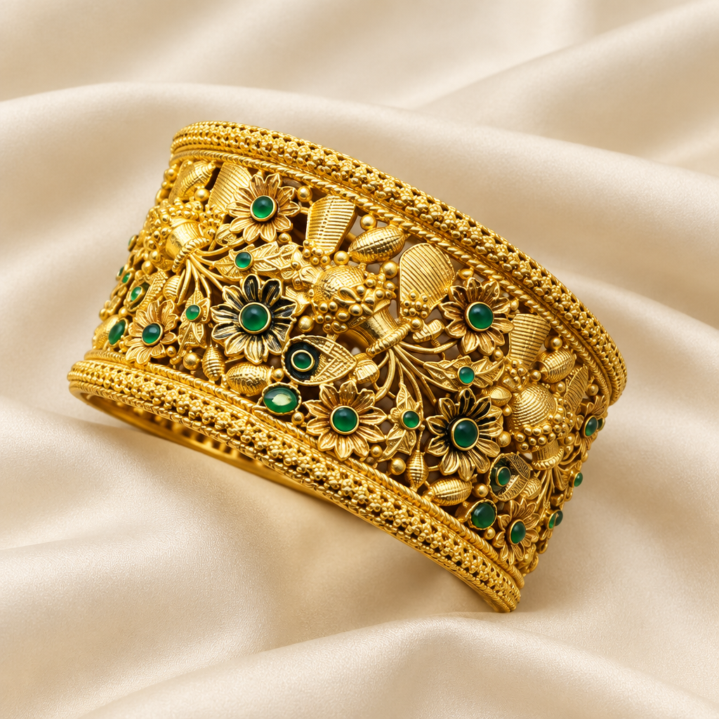 Exact-design broad gold kara on ivory silk