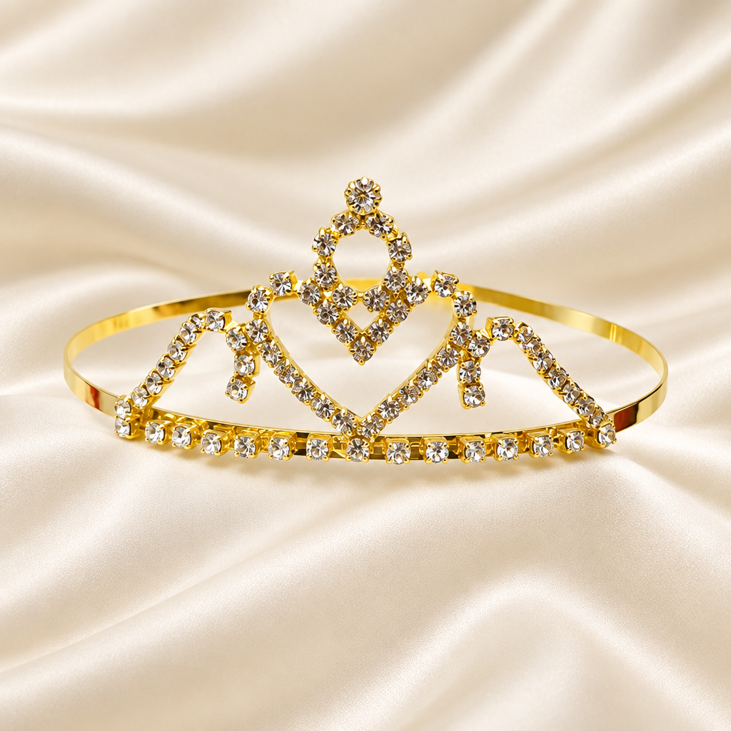 Exact-design gold tiara on ivory silk
