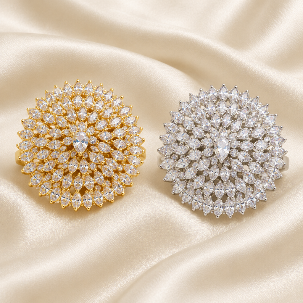 Exact-design large floral rings on ivory silk