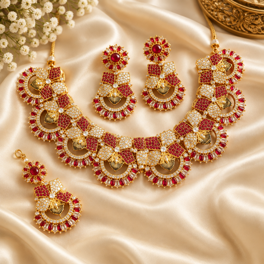 Traditional Ruby Glow necklace set on ivory silk