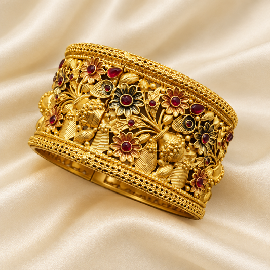 Exact-design broad gold and red kara on ivory silk