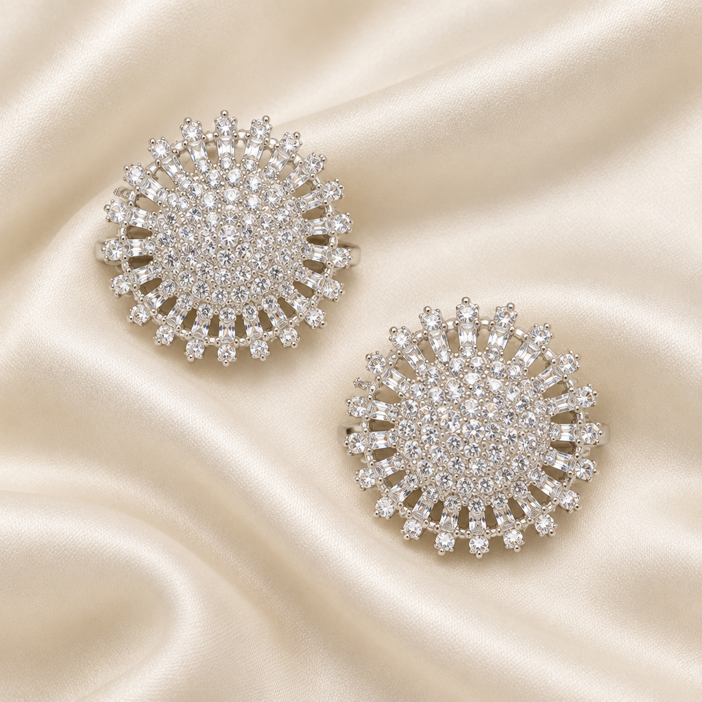 Exact-design crystal statement rings on ivory silk