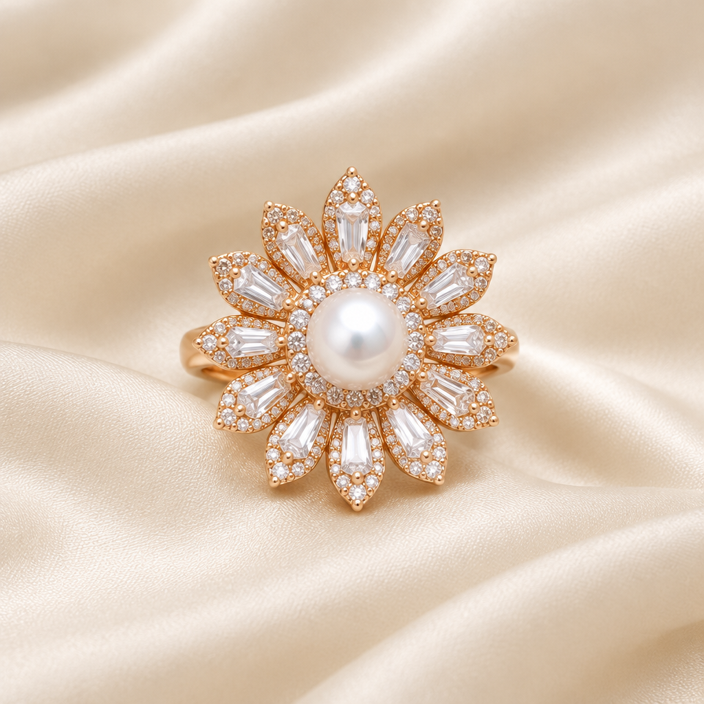 Exact-design floral pearl ring on ivory silk