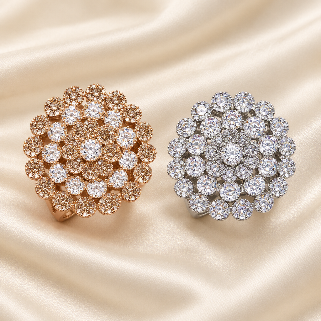 Exact-design layered floral rings on ivory silk