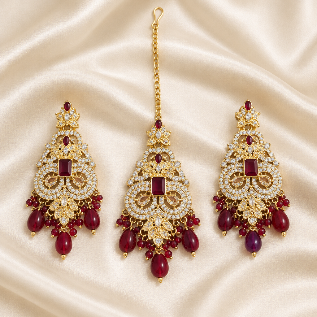 Exact-design maroon earring and teeka set on ivory silk