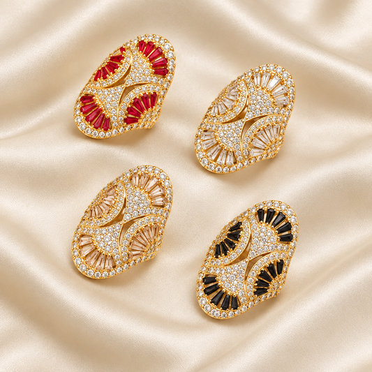 Exact-design oval ring collection on ivory silk