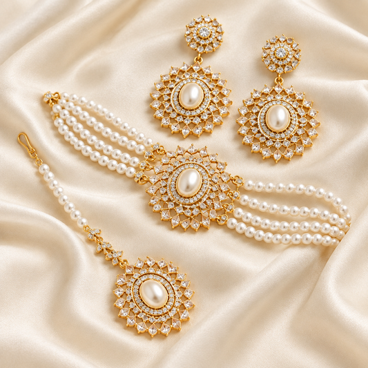 Exact-design pearl and gold jewelry set on ivory silk