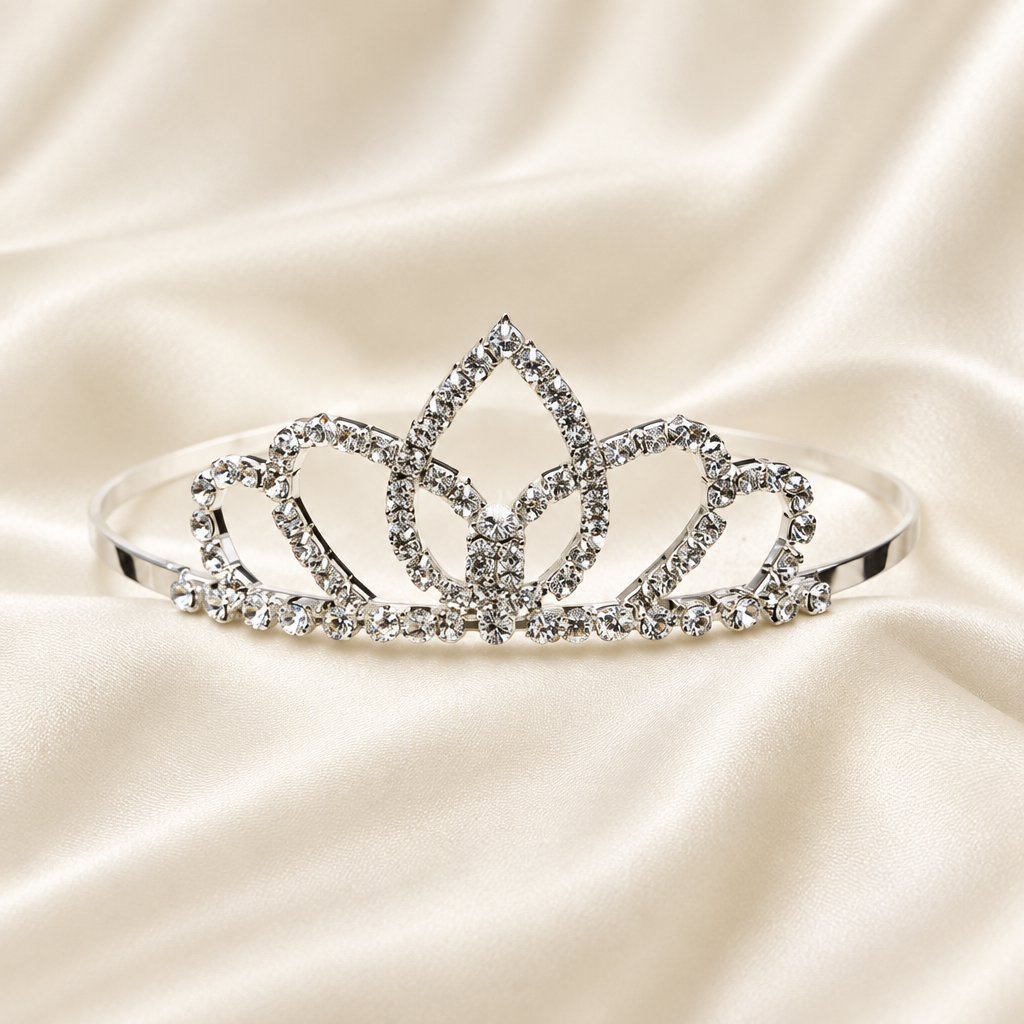 Exact-design silver tiara on ivory silk