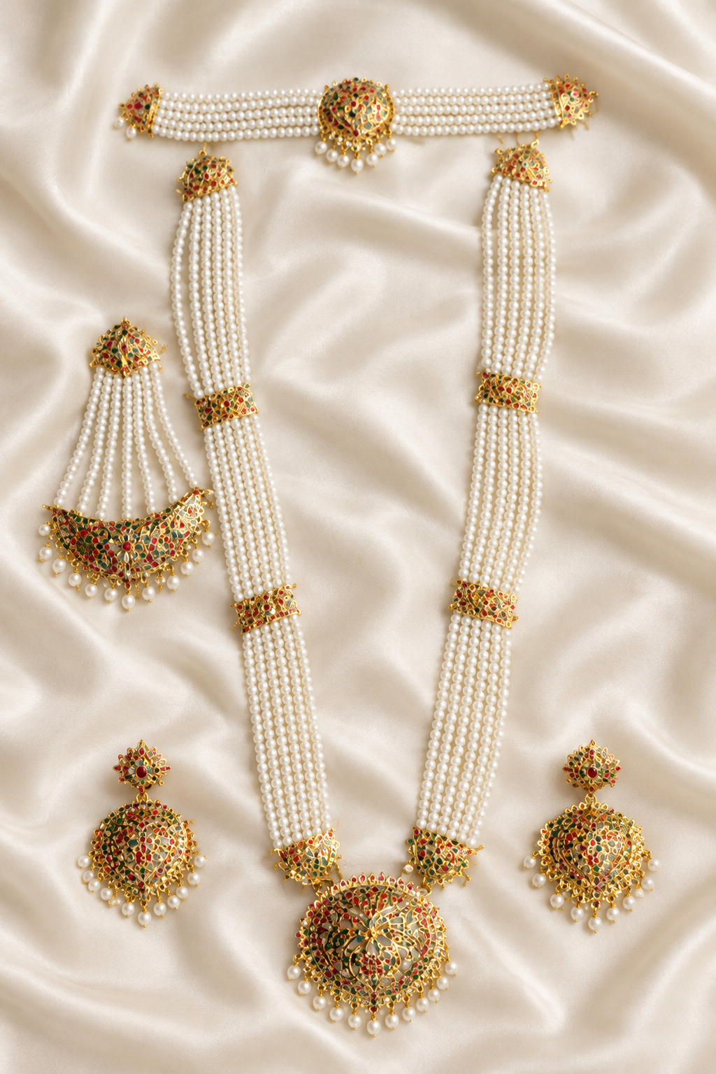 Pearl-strand jewellery set on ivory silk